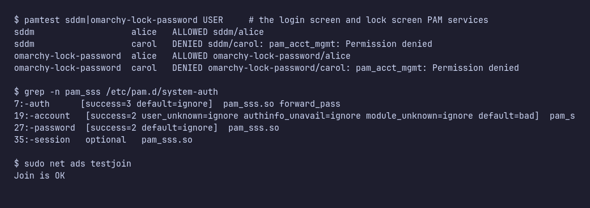 PAM results for the login and lock screen services